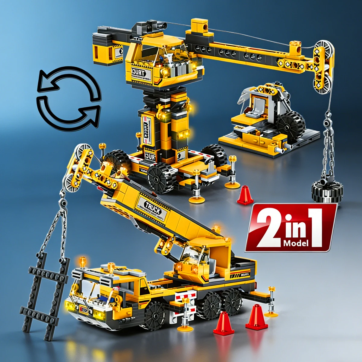 Blocos técnicos 2 em 1, engenharia urbana, caminhão pesado, guindaste mecânico, modelo de tijolos de construção, brinquedos, presente de aniversário, conjunto para meninos