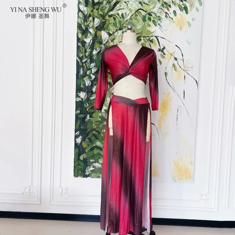 Feminino novo oriental dança do ventre desempenho traje de cintura alta dupla fenda saia longa prática terno dancewear roupas