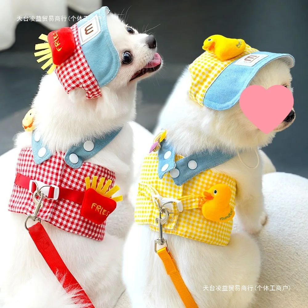

Home & Garden Dog Supplies French fries pet chest and back leash suit four seasons cat puppy clothes outing sun hat supplies