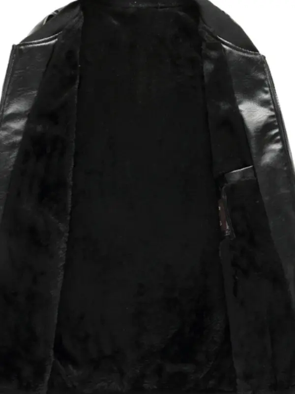 سترة جلدية رجالية جديدة للخريف والشتاء مبطنة بالصوف، إغلاق بسحاب، أكمام طويلة، تصميم عصري بنمط حضري، معطف بنمط ألوان متباينة #1