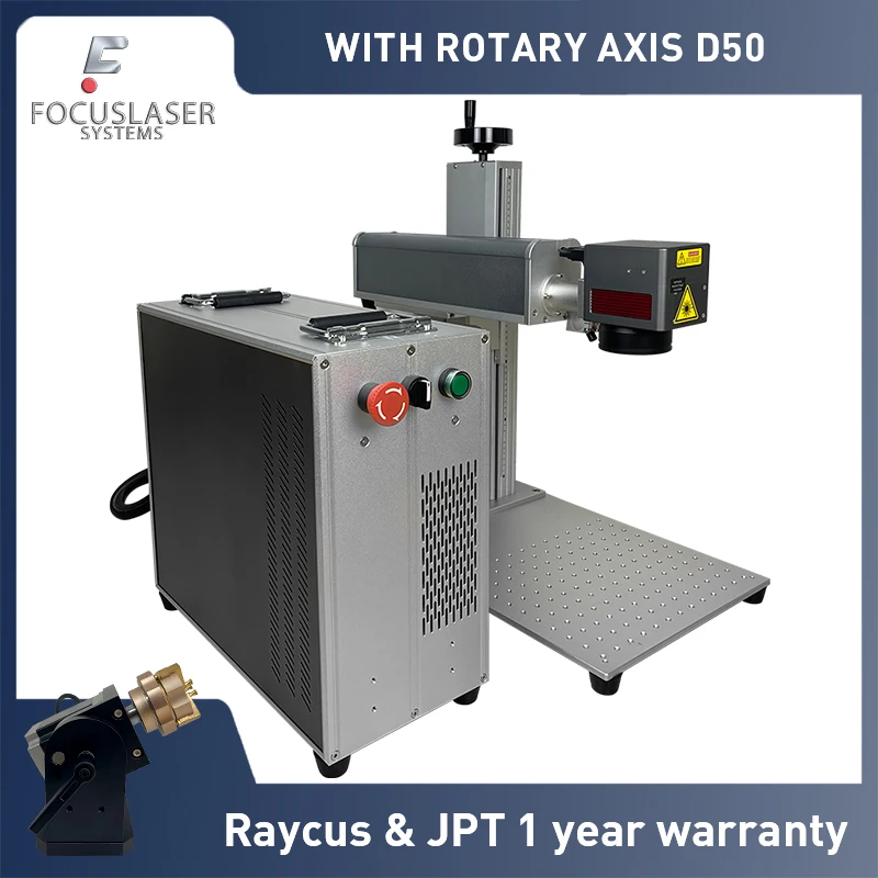 

Fiber Laser Engraving Machine and Cut Marking Gold Copper Iron ABS Plastic 20w 30w 50w Raycus Jpt with Rotary Axis D50