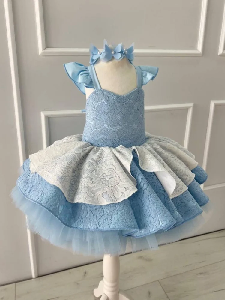 Custom Flower Girl Dress Spaghetti Strap Lace Tutu Two-Tier White Lace Ruffle Skirt For Birthday Party, Cosplay & Photoshoot