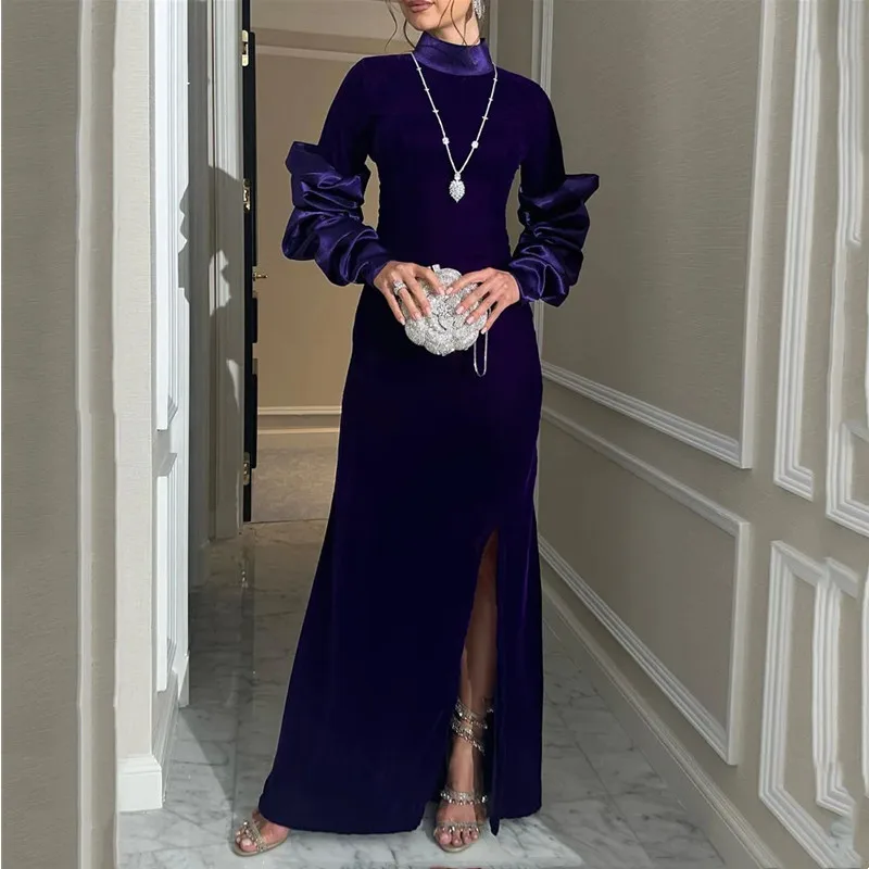 

Aleeshuo Modern Purple Mermaid Prom Dresses Long Sleeves Side Slit Party Dresses Simple High Neck Pleated Backless Vestidos 2024