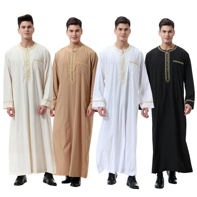 Abbigliamento islamico musulmano Uomo Jubba Thobe stampa cerniera Kimono Abito lungo Musulman saudita Indossare abaya caftano Islam Dubai Arabo Spogliatoio