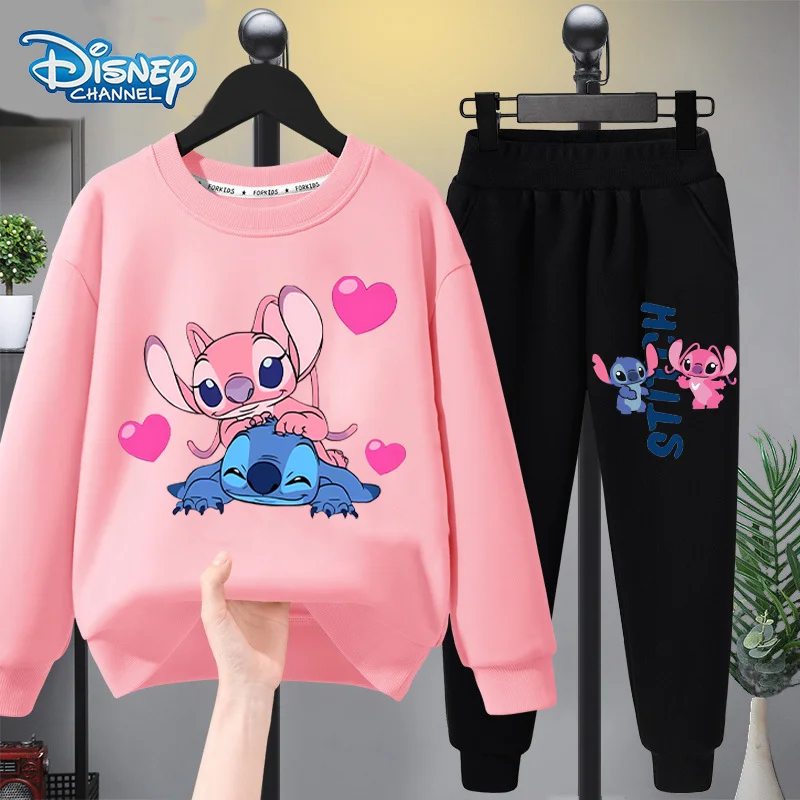 2pcs Kawaii Stitch Clothes for Girls Casual Long-sleeves Thick Sweatshirt and Long Pants Sets Autumn Winter Style Suits Clothing