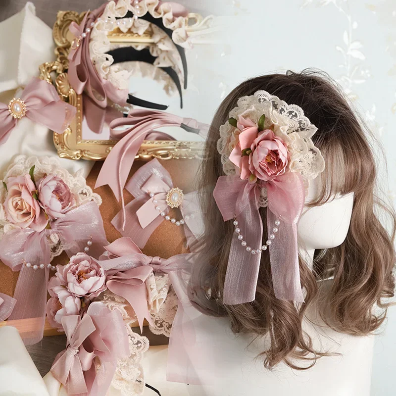 

Lolita Hair Accessories Naked Pink Rose KC Hairpin Pink Lace Bow Headband Hairpin Lace Bow Hand Sleeve Women