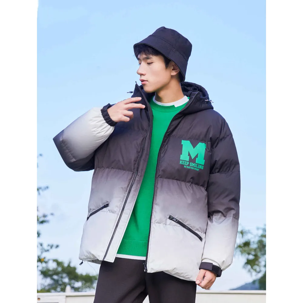 Metersbonwe-Men's Cartoon Print Thick Down Jackets, Loose, Gradient Color, Hooded, Warm Wear, Casual Outwear, Winter