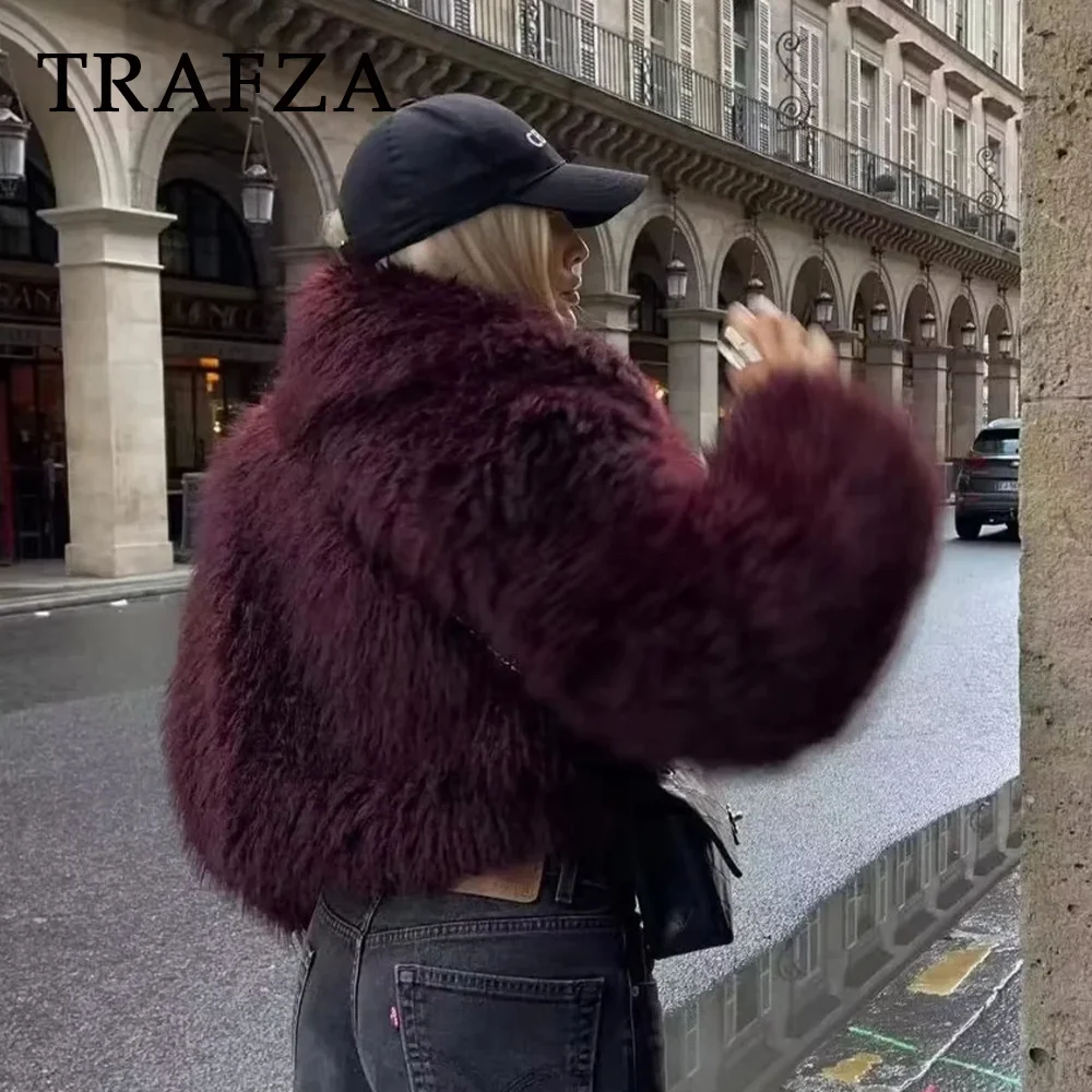 TRAFZA 2024 autunno inverno donna Casual giacche in pelliccia sintetica moda Streetwear Solid Turn Down Collar cappotti spessi oversize caldi