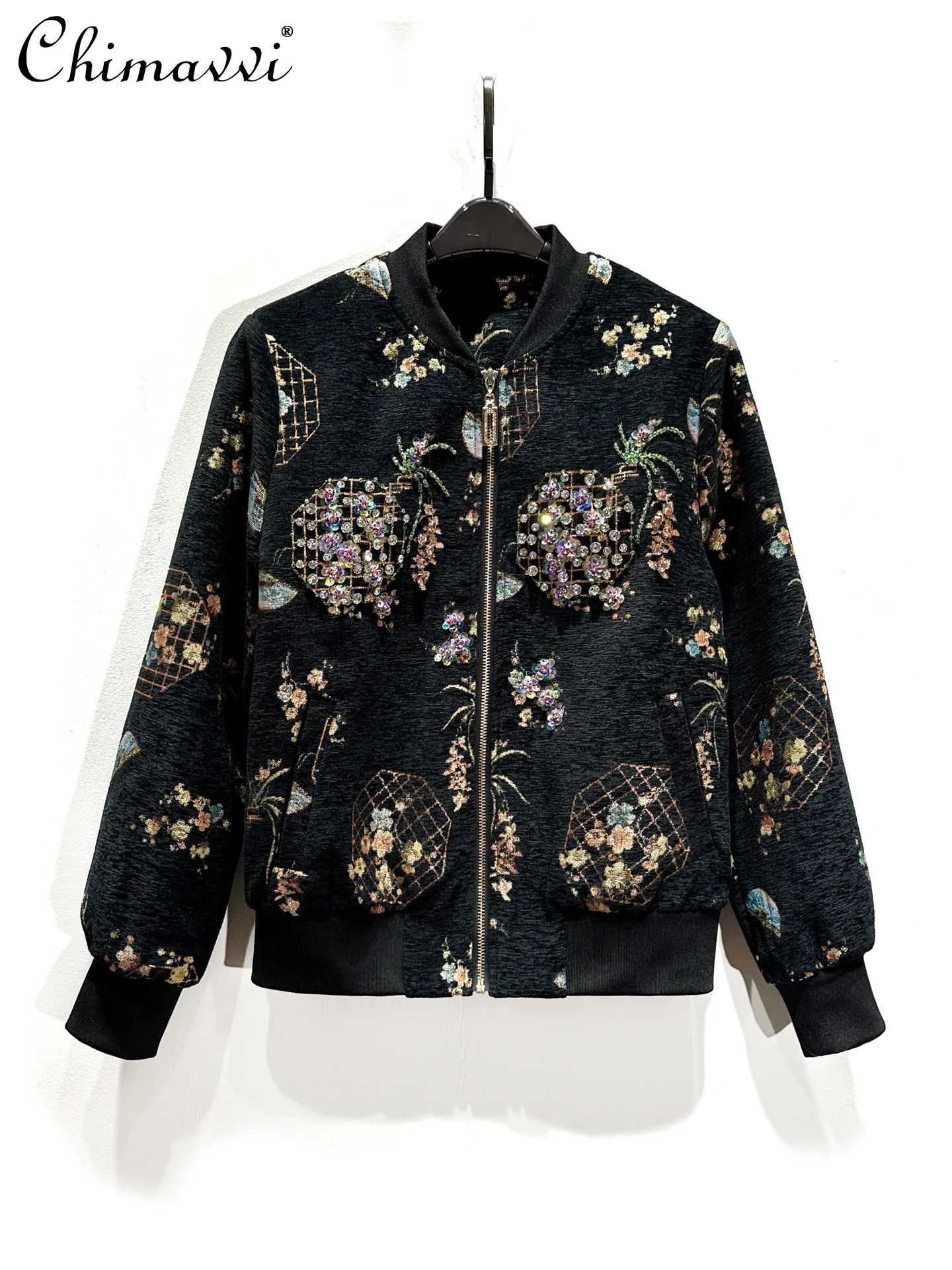

Vintage Chinese Style Heavy Beaded Casual Jacquard Jacket Women Spring and Autumn New High-end Fashion Elegant Women's Coat