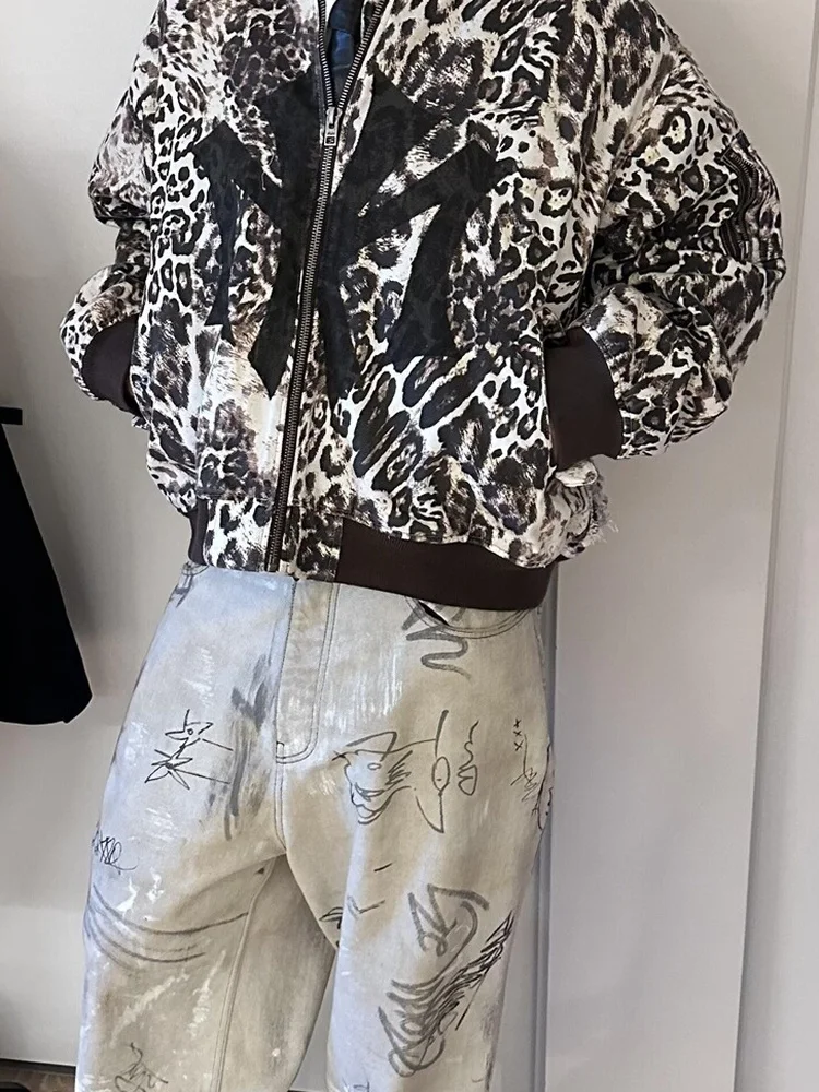 

Mowa Ksubi Collaborative Baseball Jaet Visual Leopard Print Destroyed Zipper MA Хлопковая мужская повседневная рубашка круглого цвета Ne L...