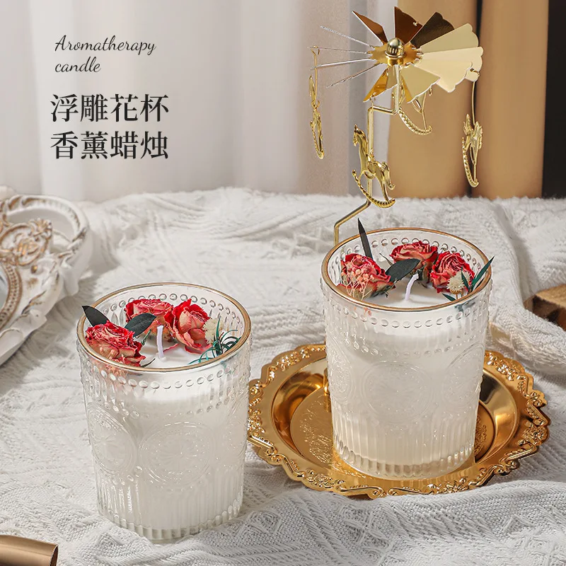 7.5x10cm Handcrafted Dried Flower Scented Candles, Embossed Glass Cups Wax Table Decoration High-end Atmosphere Gift Souvenir