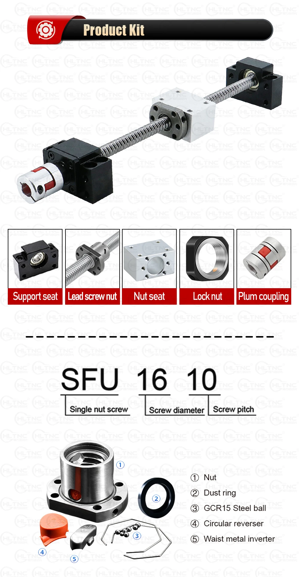 ANWOK SFU1605 Vis à billes 16 mm 600 mm avec déflecteur métallique écrou à billes supports d'extrémité BK/BF12 1 coupleur avec usinage d'extrémité pour machine de meulage CNC