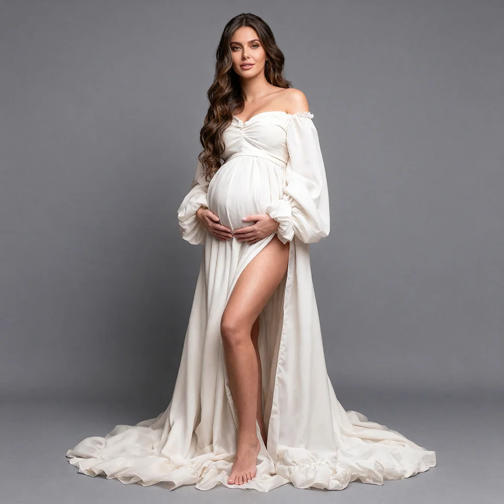 

Maternity Photoshoot Dresses Ivory White Long Sleeve Twisted Crop Top with High Slit Maxi Skirt Baby Shower Dress Woman YW644D