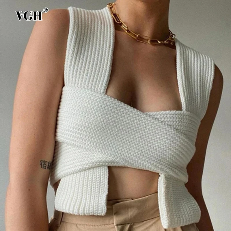 

VGH Slimming Solid Hollow Out Tank Top For Women Square Collar Sleeveless Backless Temperament Knitting Tops Female Fashion New