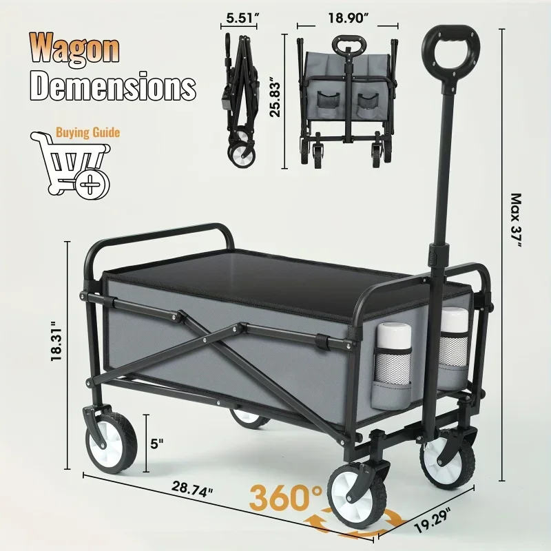 Folding Utility Wagon Cart - Heavy-Duty Collapsible Wheels for Grocery Shopping, Sports, Garden, Camping, and Beach Trips