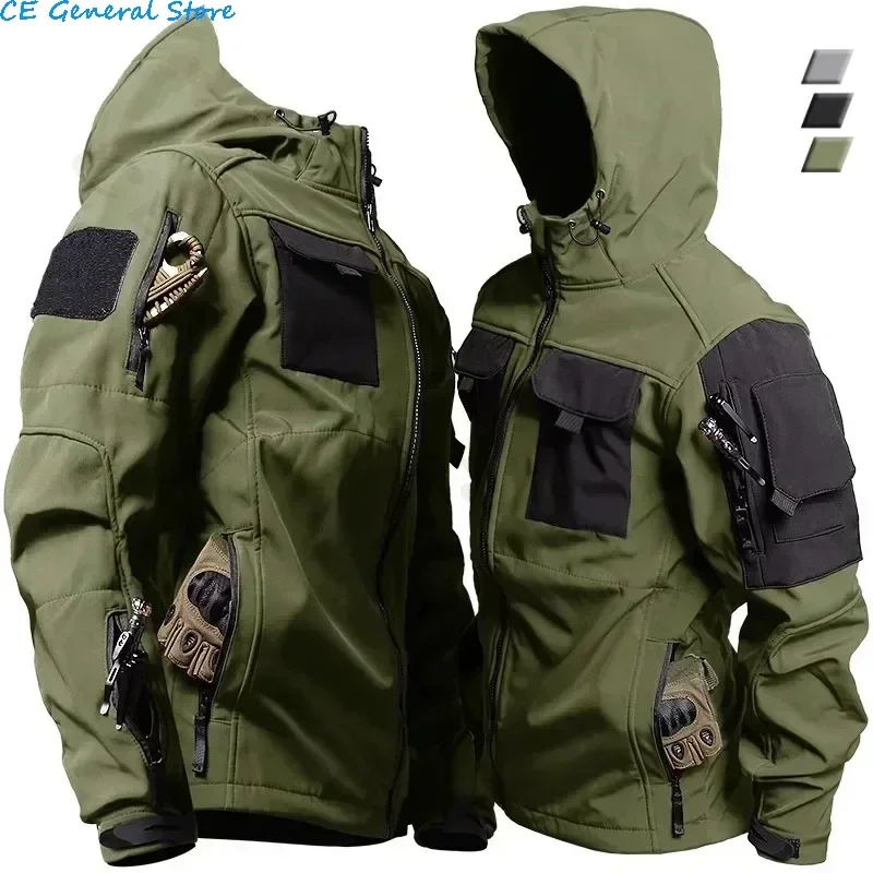 Tactical Jackets Men  Outdoor Waterproof Hood Windbreaker Work Wear Soft Shell Multi-pockets Hunting Motorcy Tops Winter