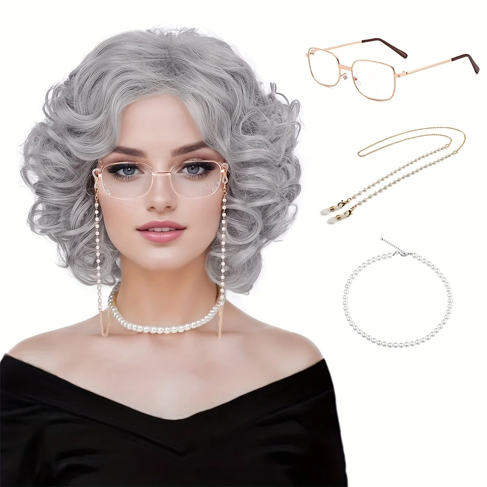 

Old Lady Wig And Accessories Grandma Granny Costume Wigs Short Curly Grey Cosplay Wig Synthetic Hair Halloween Party