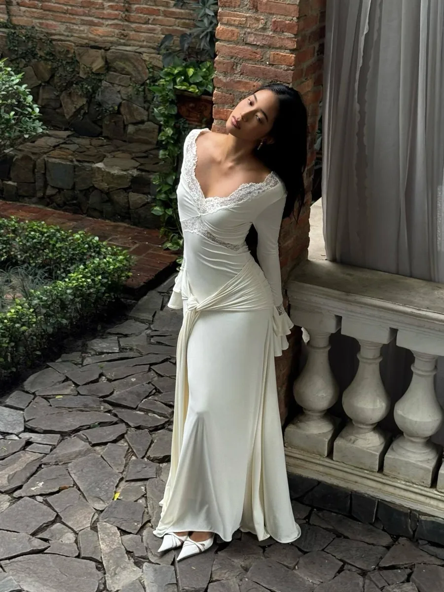 Vestidos largos de fiesta con cuello en V para mujer, vestido veraniego de encaje con manga acampanada, encaje blanco para boda, verano 2025, Sexy hasta el suelo, Vestidos Largos