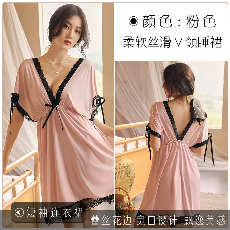 Plus Size 3XL Nightgowns Women 2023 Summer New Dressing Gowns Girls Nightshirts Nightdress Sexy Deep V Neck Lace Trim Sleepwear