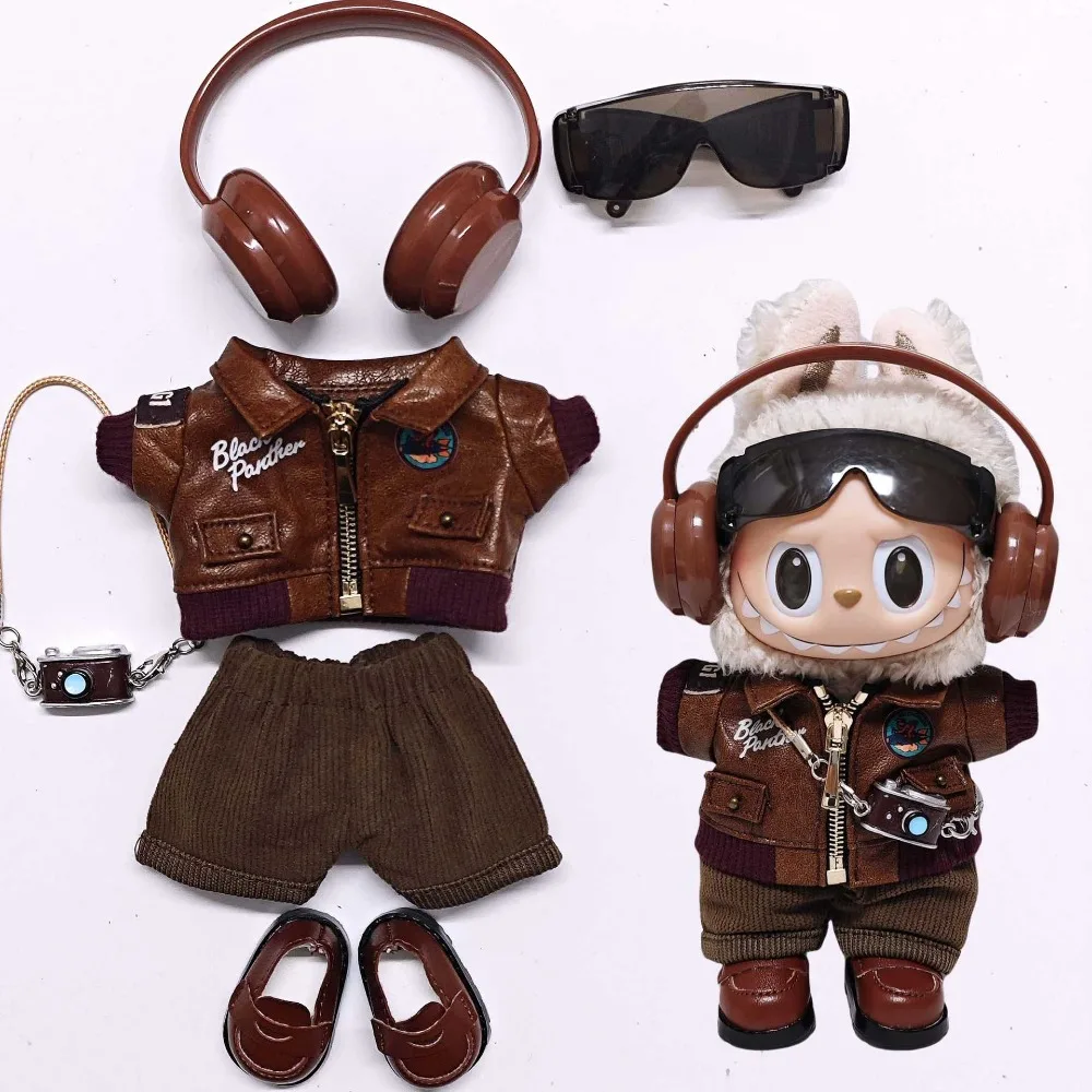 

17cm Labubu Doll Clothes Outfit Retro Flight Jacket Dress Up Dolls Accessories Sitting Party Changing Dress Game DIY Gift Toys