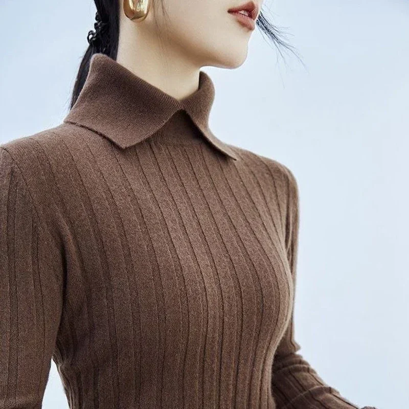 Suéter de punto acanalado con cuello tipo Polo elegante para mujer, moda coreana, Jersey ajustado liso de manga larga para otoño e invierno, Jersey básico