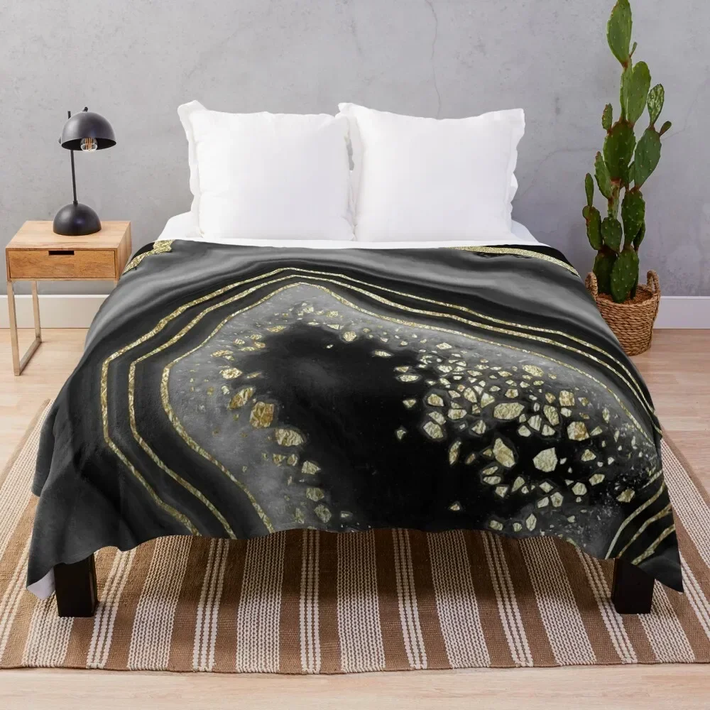 Black Night Agate Gold Foil Glam #2 #gem #decor #art Throw Blanket anime Warm funny gift Blankets