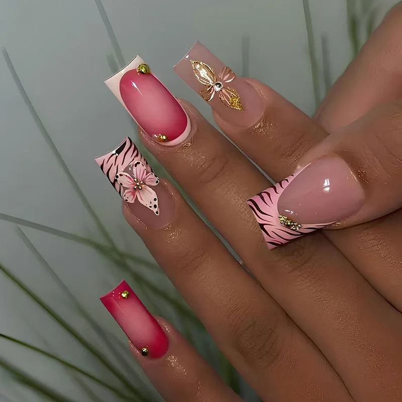 

24Pcs Long Square Press on Nails - Y2K Style with 3D Lily, Sparkling Rhinestones and Gold Beads | Glamorous Design