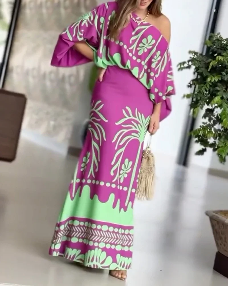 CPSYMYM Two Piece Set Women Outfit Tropical Print Lantern Sleeve Cold Shoulder Loose Top Casual High Waist Fishtail Midi Sk