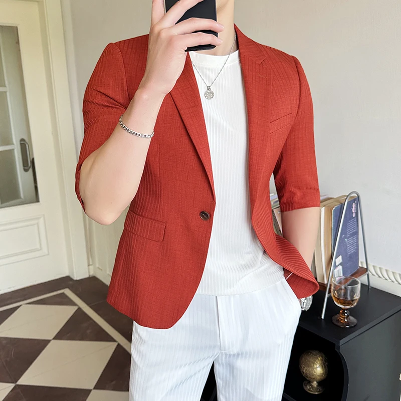 2024 High-quality Summer Suit Men\'s Seven-point Sleeve Suit Stylish and Handsome with A Thin Cool Breathable Striped Suit  M-5XL