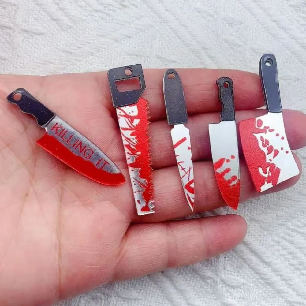 Halloween Acrylic Mini Knife Pendant Charms for Keychain Horror Chef Knife Cleaver Saw Blood Stain Black Silver Cute Party Gift