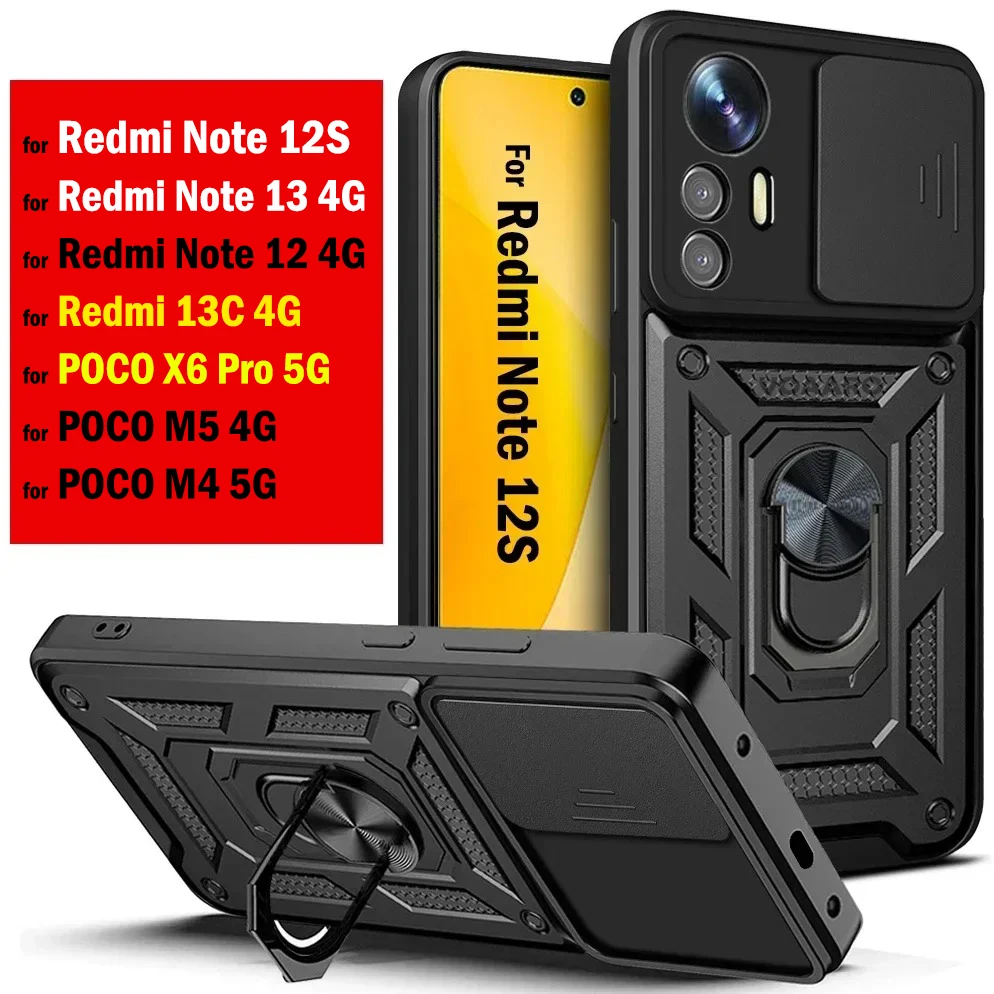 Slide LEns Armor Funda for Redmi Note 12S 12 13 13C 4G Case for Xiaomi Redmi Note 13 POCO X6 Pro M4 5G M5 Case Ring Holder Cover