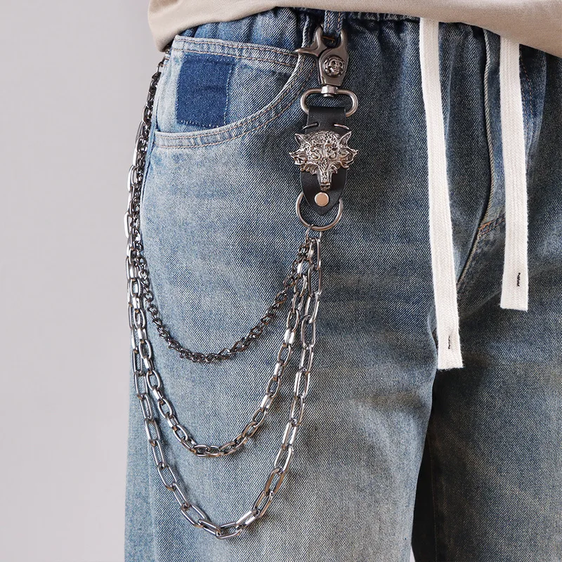 Wolf Head Leather Patch Multi‑Layer Pants Chain Unisex Metal Waist Chain Gothic Punk Jeans Hanging Streetwear Decor