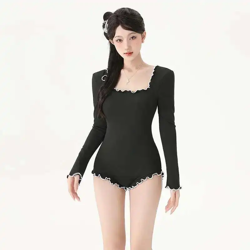 Swimsuit Women 2025 New One-piece Long Sleeved Conservative Black Slimming Cover With Chest Cushion For College Students To