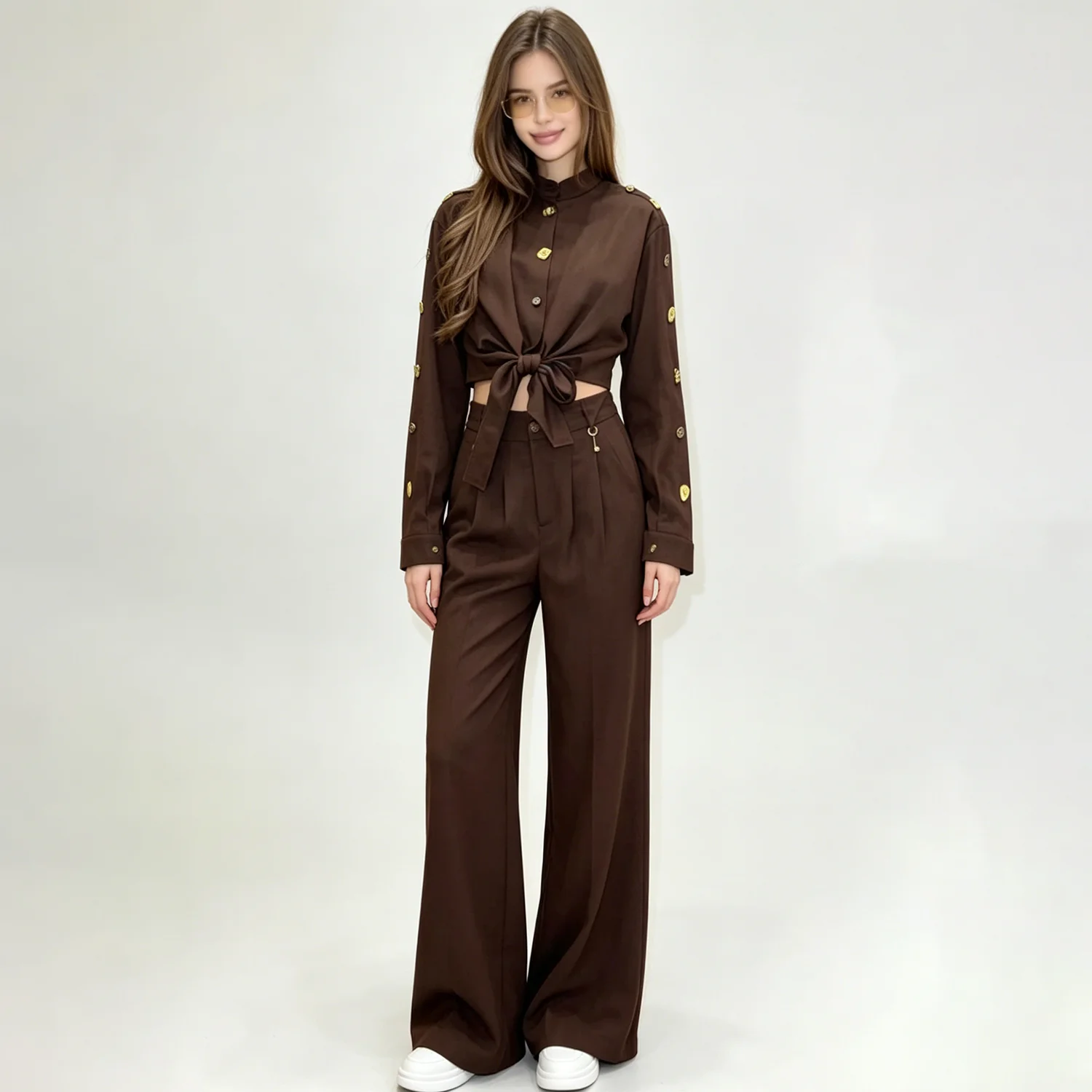 

LIMO Stand-collar shirt with gold buttons+wide-leg pants,perfect for office&daily wear.2026 new chic, slim-fit & versatile suit