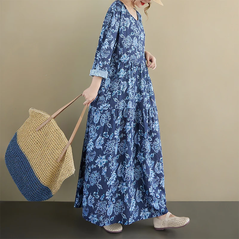 الرجعية كبيرة الحجم المرأة فضفاضة التخسيس طويلة Sve القطن الكتان طباعة خمر ربيع الخريف الدكتور عادية ألف خط ماكسي الدكتور #2