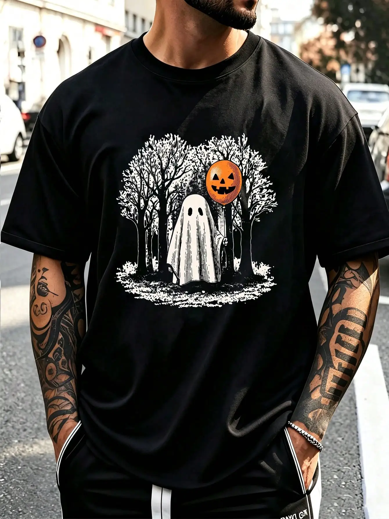 Men' Ghost With Pumpkin Balloon Print TShirt, Soft And Comfortable, Casual Summer Outdoor TShirt, Gift For Men, Cool Graphic Holiday