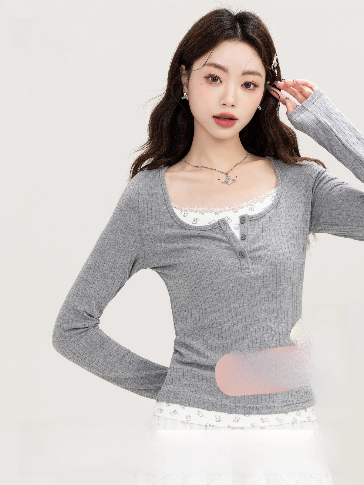 

Autumn Knitted Long Sve Women's Top Waist-Cinching ey High Collar Outerwear Inner Wear Spring Commute Sle Fake Two-Piece