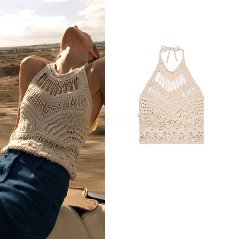 夏の女性のニットショートトップネクタイデザイン中空吊り襟バックレスカジュアルトップポリエステル繊維 00%