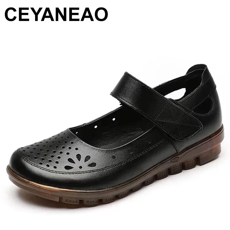 

2025 Genuine Leather Flat Summer Shoes Woman Slip On Loafers Hollow Out Round Toe Soft Comfort Sandals Female