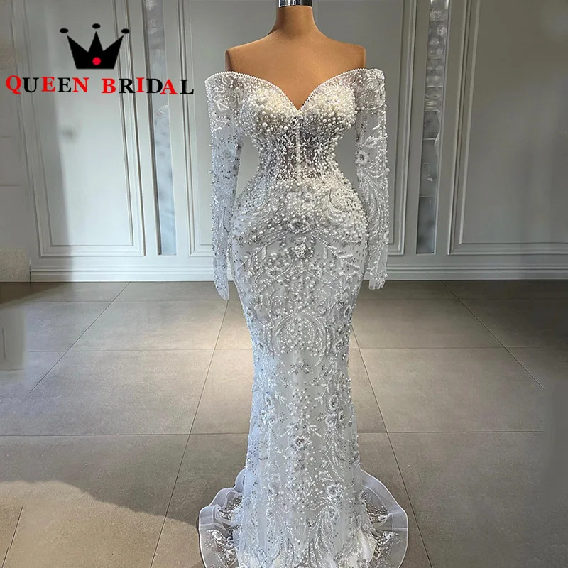 

Exquisite Pearls Beading Sequined Wedding Dresses Sweetheart Long Sleeve Mermaid Bridal Gowns Robe De Mariée Custom Y05XM