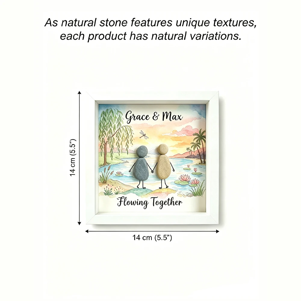Custom Couple Pebble Art Frame,Personalized Names & Text,Pond Lotus Waterside‑theme,Anniversary Celebration,Shelf Home Accent