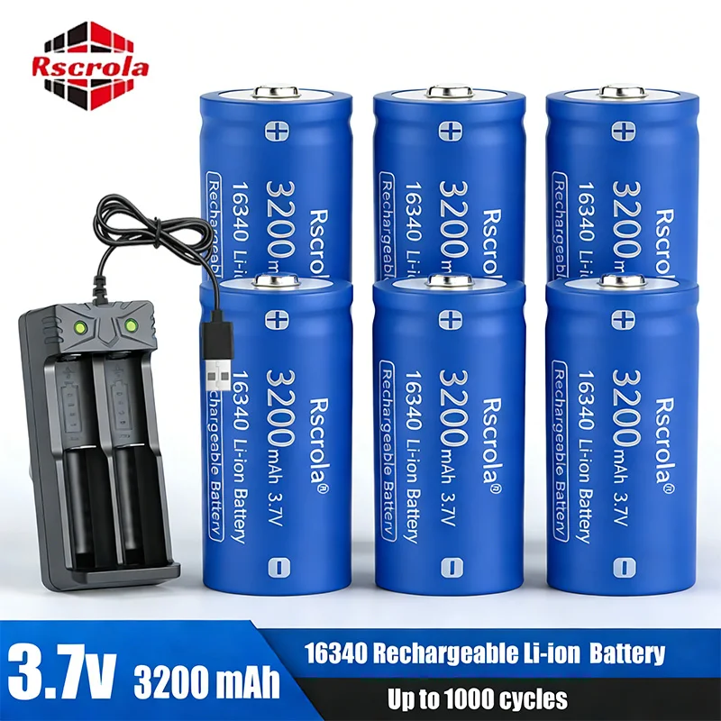 3.7V 16340 Li-ion Rechargeable Battery 3200mAh with USB Charger, Protected Circuit for LED Flashlight, Headlamp, Laser, Toys