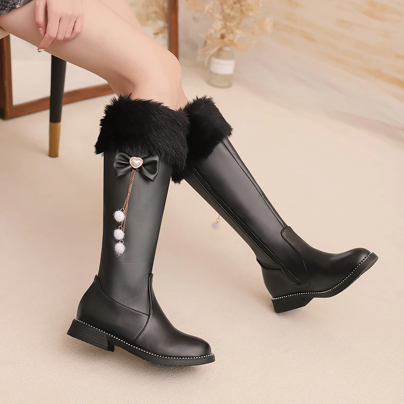 Metal Chain Bow Zipper Lolita Knee Boots For Girls With Heart-Shaped Pearl Decoration Fur Patchwork PU Low Heel Cute Sweet Boots