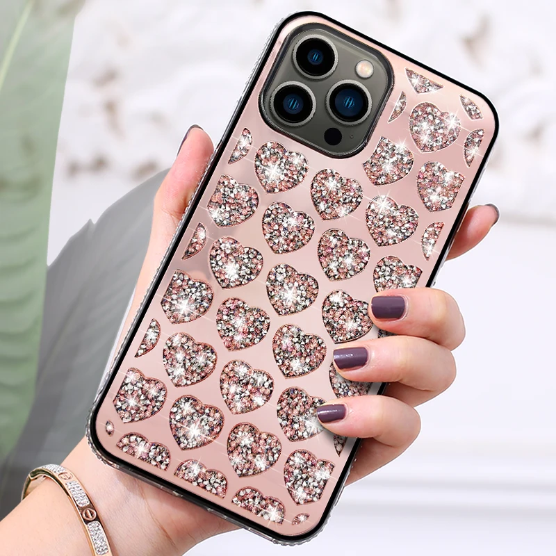 

Luxury Love Heart Pattern Glitter Case for iPhone 15 Pro Max 11 12 13 Pro 14 Plus Bling Sparkle Protective Cover Shiny Case