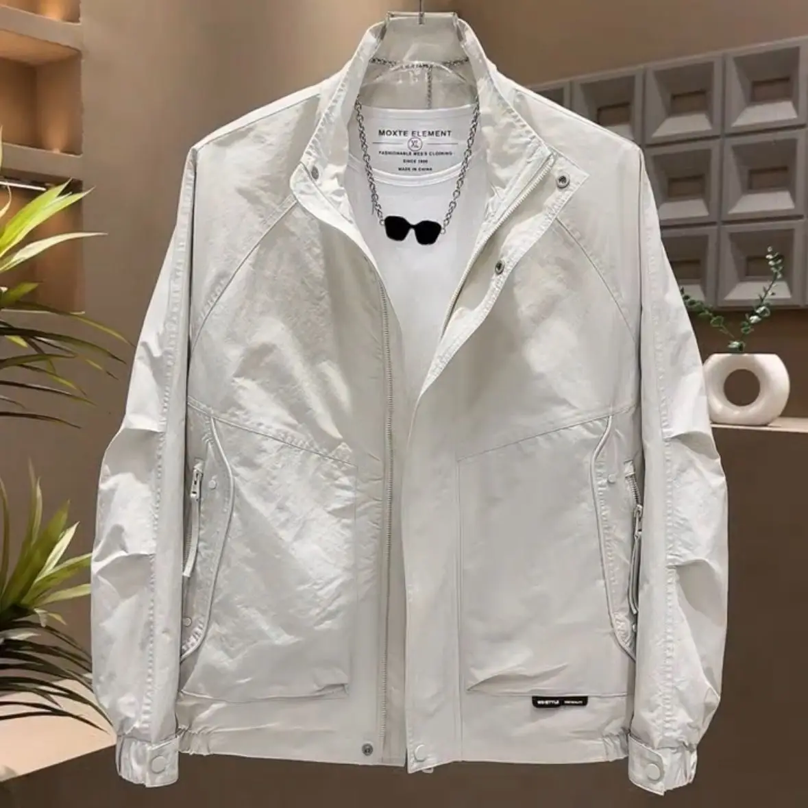 

Sli Casual Korean Stand Collar Jaet Men's Spring Autumn Trendy Workwear Windbreaker Top Polyester Fiber Long Sve