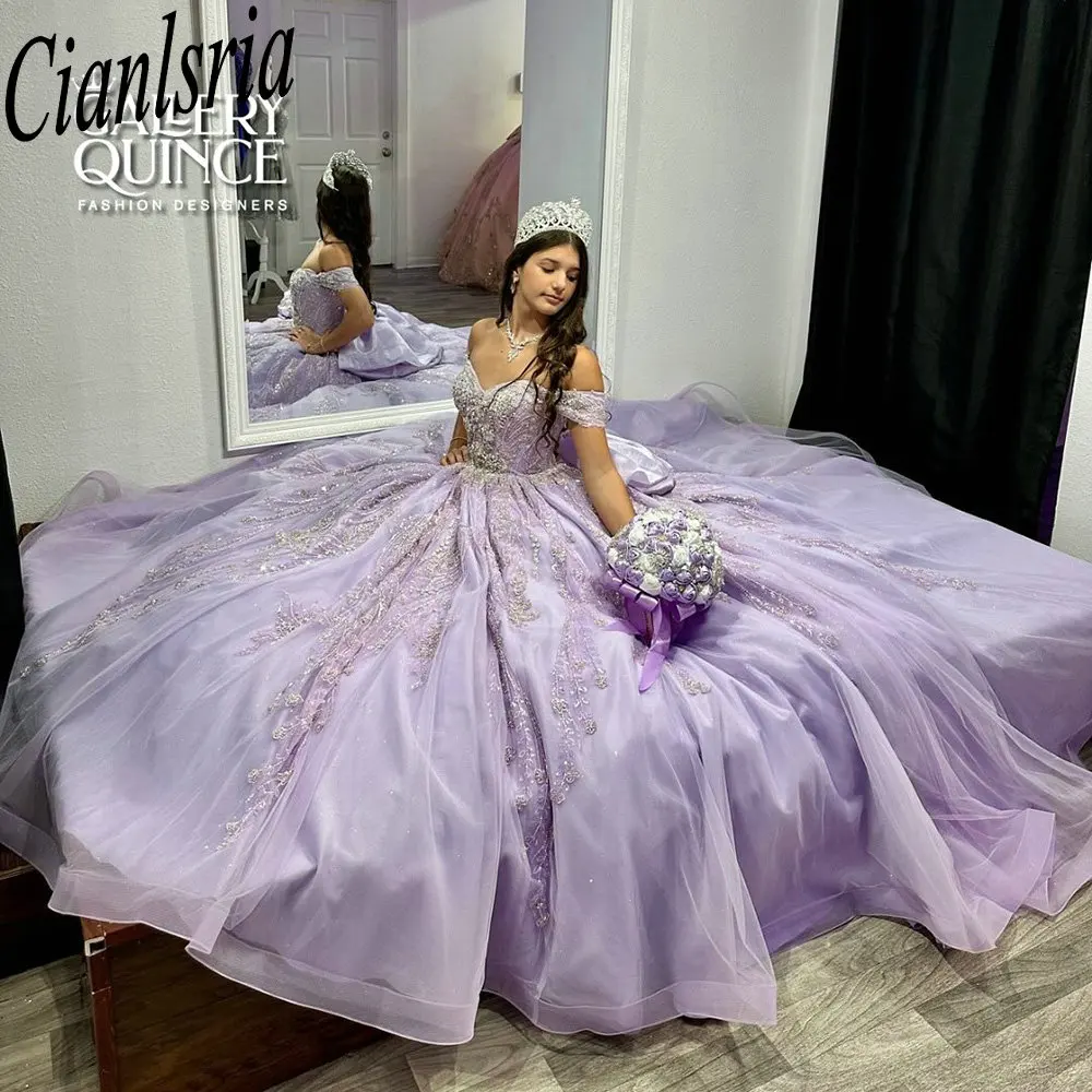 

Сиреневое платье Quinceanera с открытыми плечами и бантом, бальное платье с аппликацией, кружевной корсет с бисером, Vestidos De XV Anos