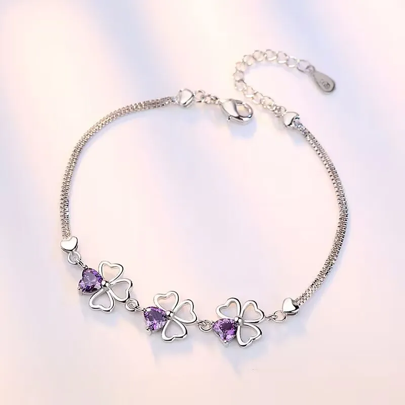 NEW fine 925 Sterling Silver viola crystal Lucky Clover bracciali per le donne fashion party accessori da sposa gioielli 17CM + 4CM