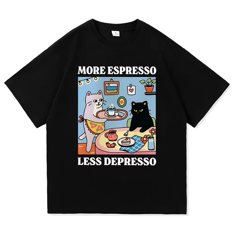 Mode Lustige Katze Mehr Espresso Weniger Depresso T Hemd Männer/Frauen Ästhetische Vintage T-Shirt Anime Cartoon Nette Baumwolle tees Shirts