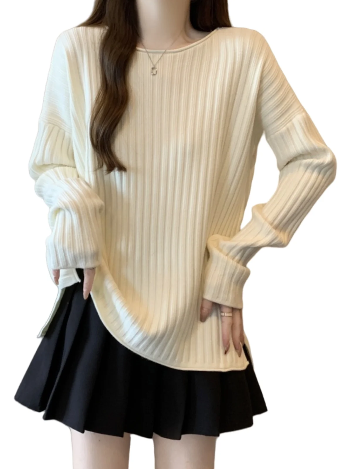 Loose Long Sleeve Knitted Sweater Women's Spring Autumn plus Size Conceal Belly Inner Wear Base Top Striped Pattern Comfortable