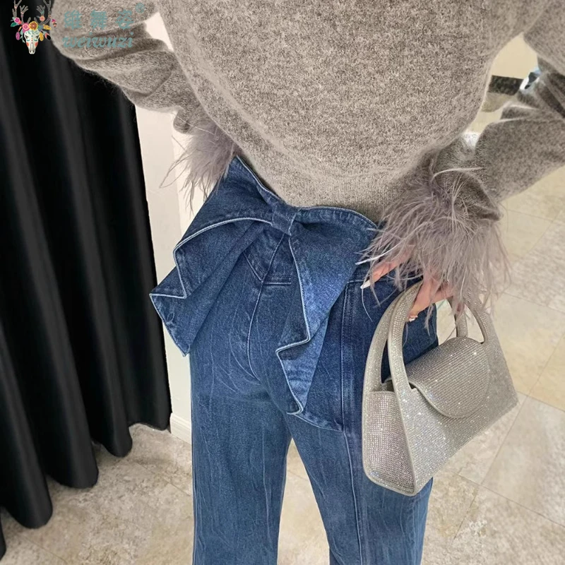 Y2K الحلو القوس المرأة الجينز خمر عالية الخصر الدنيم السراويل المرقعة فضفاض مستقيم بنطلون التخسيس الخريف ملابس الشارع الشهير غير رسمية
